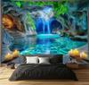 Nature Karst Cave Waterfall Tapestry Sunshine Throught Cave Water Green Leaves Landscape Wall Hanging Backdrop for Home