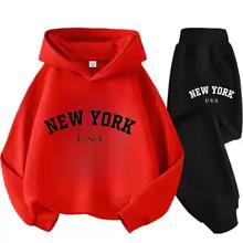 Herbst Warm New York Letter Cool Grafikdruck Kinder Langarm Hoodie + Hose Anzug 2er Set Sweatshirt Junge Mädchen Kind Sportbekleidung