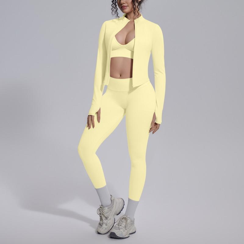 Seamless Yoga Workout Set Zip Jacket Sports Bra V-Waist Shorts Leggings Gym Fitness Outfit