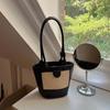 Breathable Women Bucket Handbag Retro Straw Shoulder Bag Beach Pouch PU Woven Bucket Bag  School