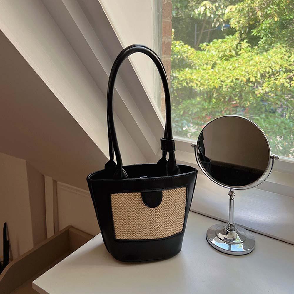 Breathable Women Bucket Handbag Retro Straw Shoulder Bag Beach Pouch PU Woven Bucket Bag  School