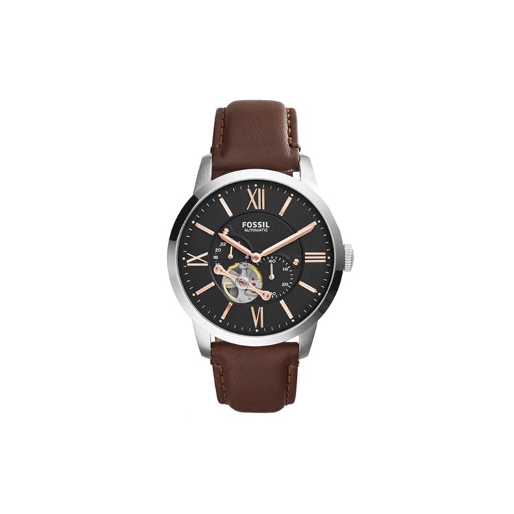 Fossil Men's Black Automatic Mechanical Watch Leather Strap 45Mm Dial 50M Water Resistant Watches Me3061