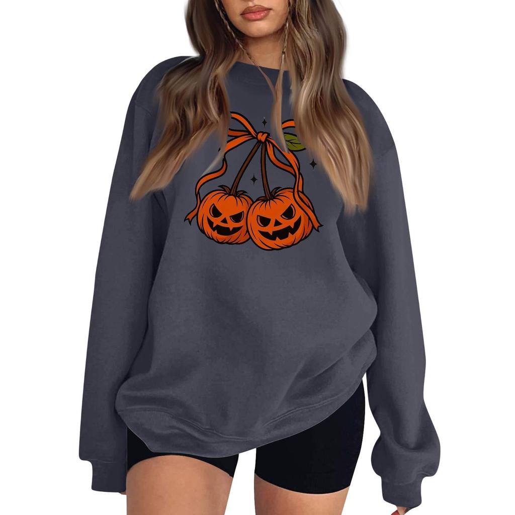 Women's Comfortable Round Neck Long Sleeve Sweatshirt Loose Fit Casual with Color and Halloween Print