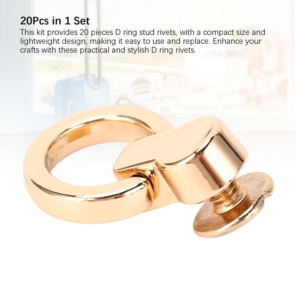 20Pcs D Ring Rivets 13x7mm 360 Degree Rotation Screw Stud Rivet for DIY Leather Collar Belt Handbag Pants Gold