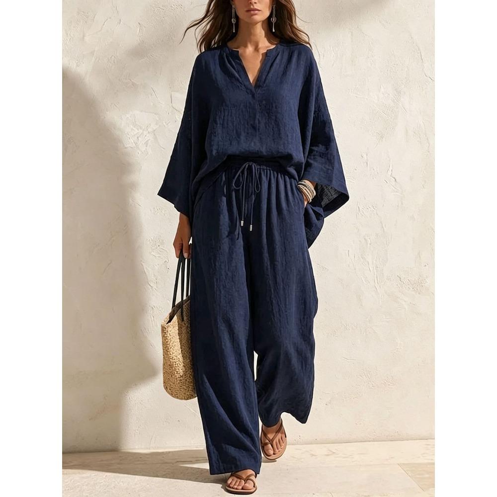 Spring and Summer New Collection Solid Color Two-Piece Set with V-Neck and Comfortable Loose Fit