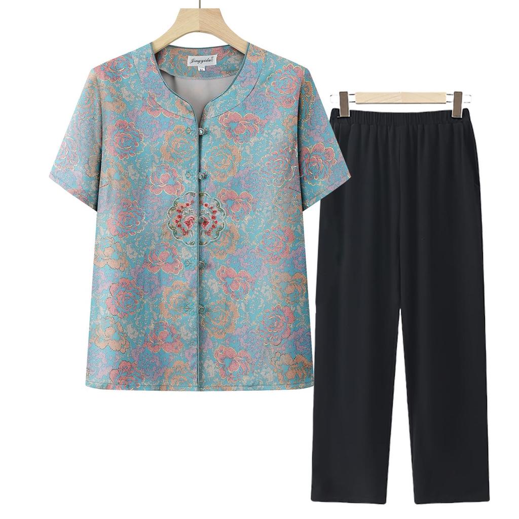 Mom's Chinese-Style Short-Sleeve Summer Top Set for Middle-Aged and Elderly Women