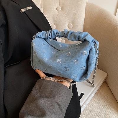 Dámska džínsová taška s diamantmi nový módny dizajn aktuálna crossbody taška cez rameno jedinečná modrá skladaná taška