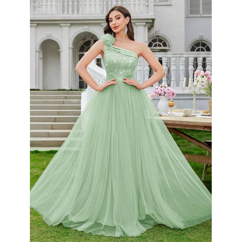Sequined floral lace asymmetrical neckline solid color mesh pleated sleeveless long dress women S мятный зеленый
