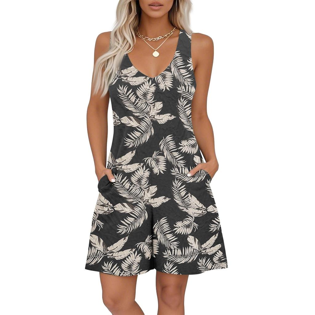 Women's V-neck Printed Sleeveless Jumpsuit Spring And Summer Casual Jumpsuit Shorts