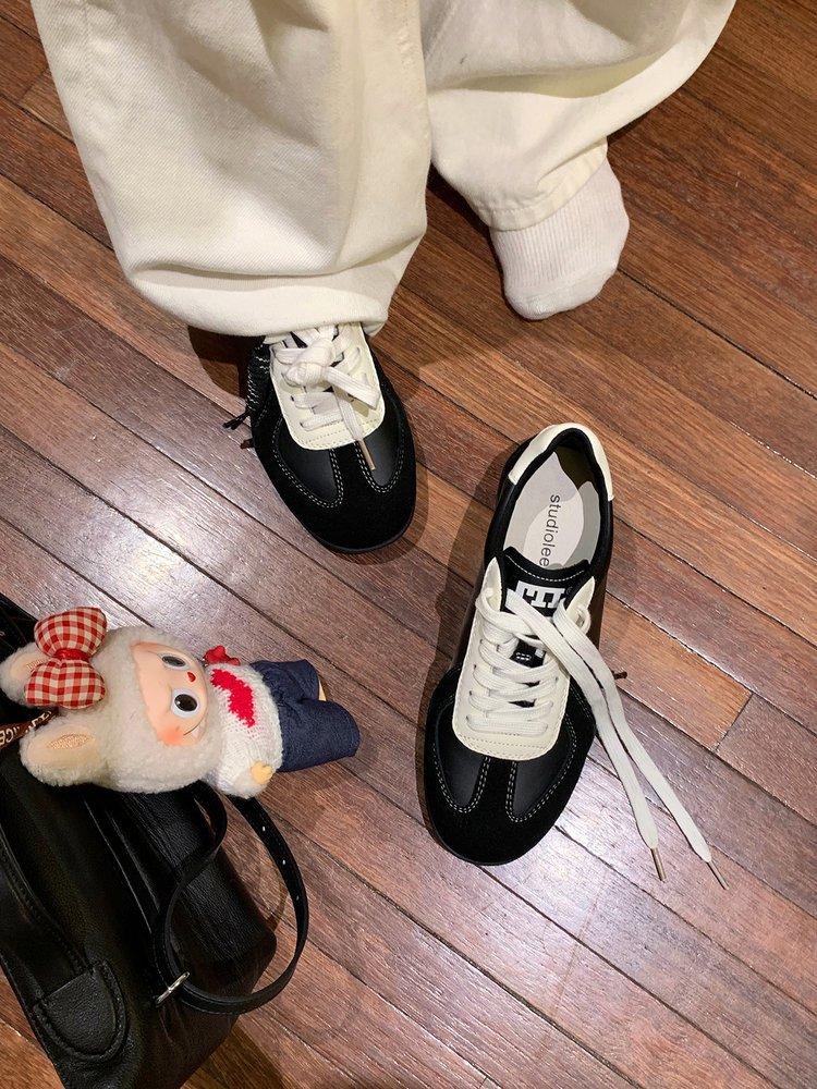 20255 Spring and Autumn New Lace-up Color Matching Round Head Versatile Comfortable Casual Leather Board Shoes Heightening German Training Shoes Women
