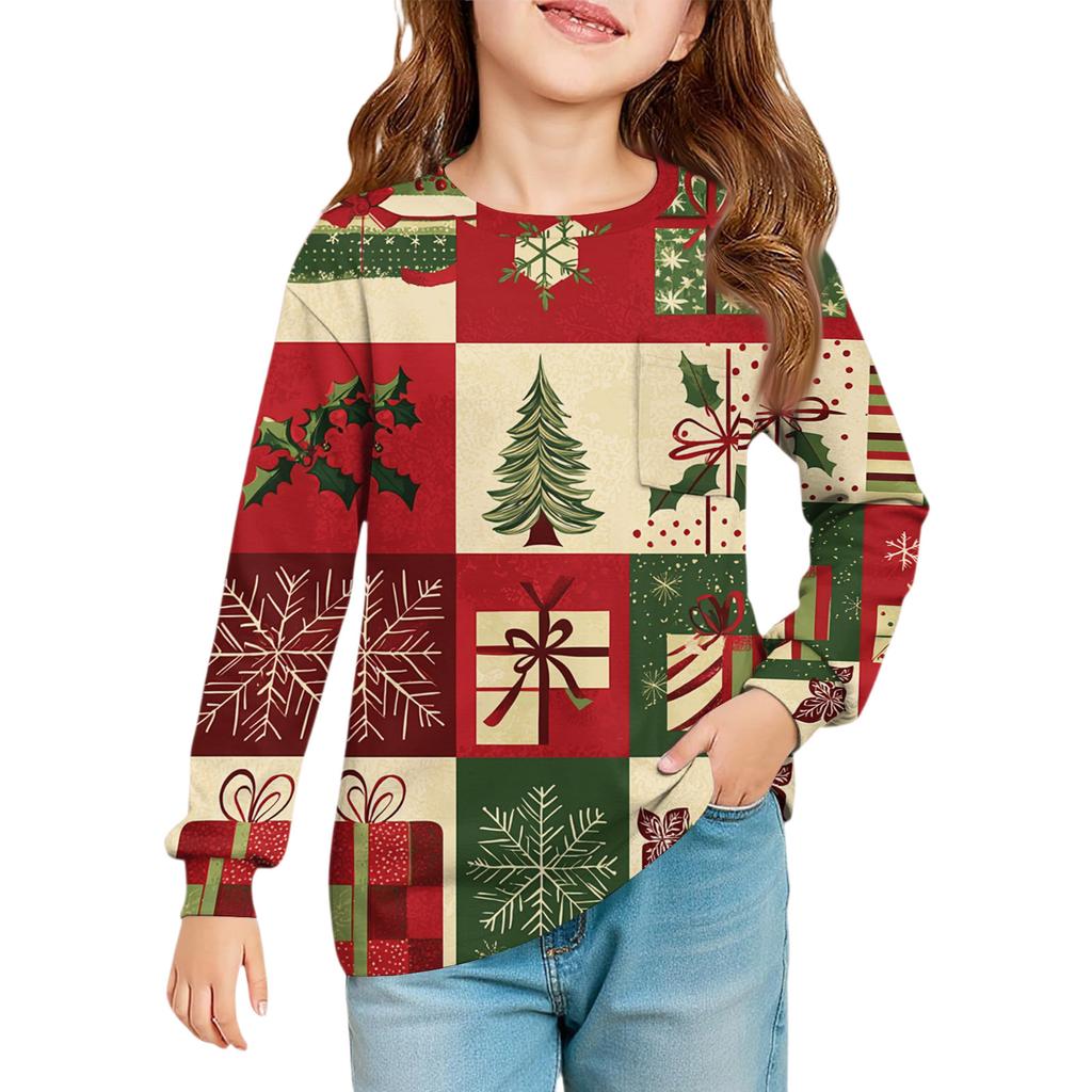 Christmas Day Girls' Long Sleeve Blouse - Round Neck Soft Waist Tunic