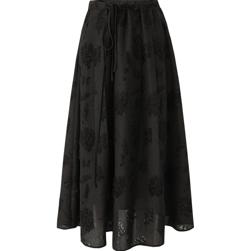 Advanced and elegant feather trimmed floral skirt, women's umbrella skirt, temperament long skirt