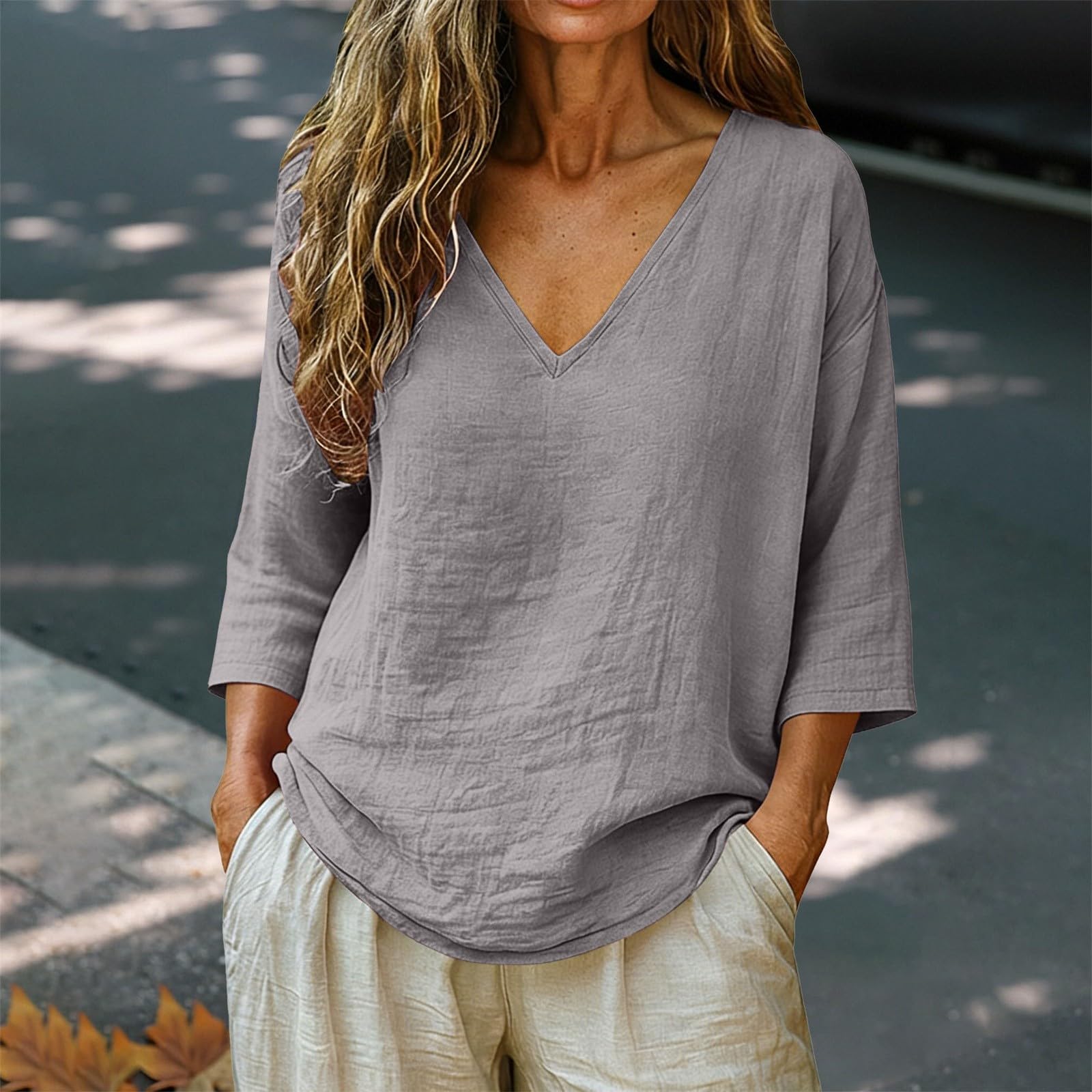 Women s Fashionable Loose-Fit -Color Cotton-Linen V-Neck Casual Blouse L
