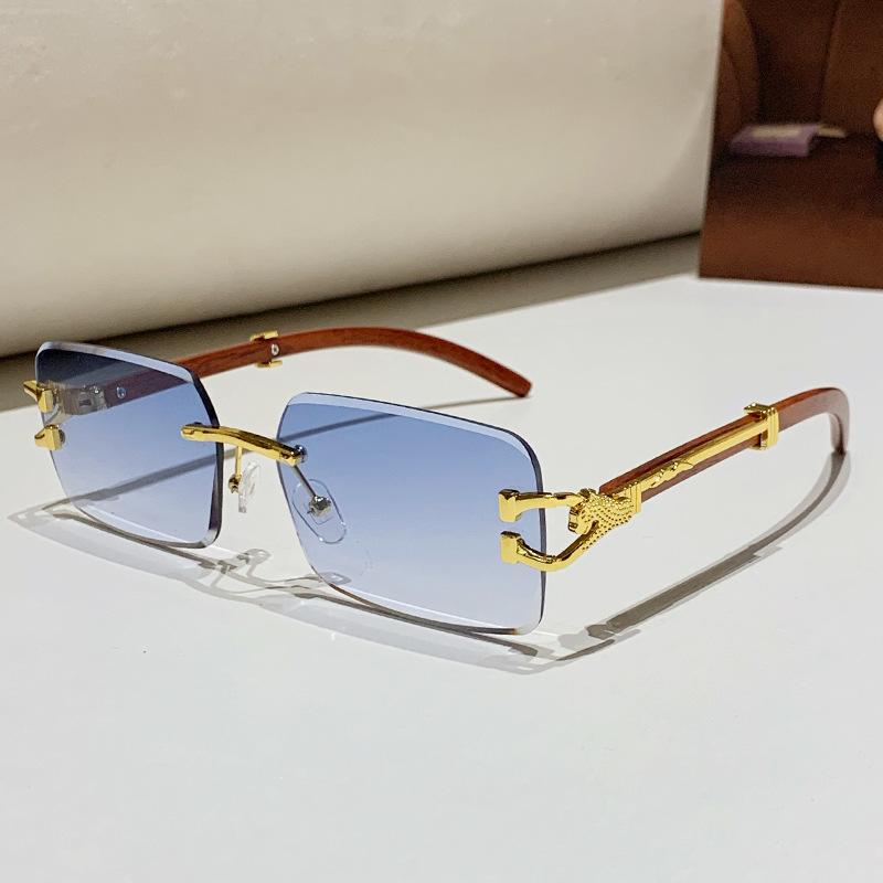 Frameless Trimmed Leopard Head Sunglasses Marine Piece Glasses Retro Cheetah Double Beam Square Sunglasses Women