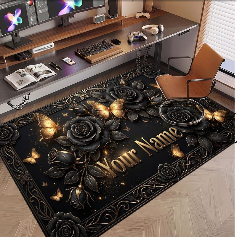 Rose Floral Theme Soft Crystal Velvet Rug Custom Name & Text Print Non Slip Floor Rug for Bedroom Living Room