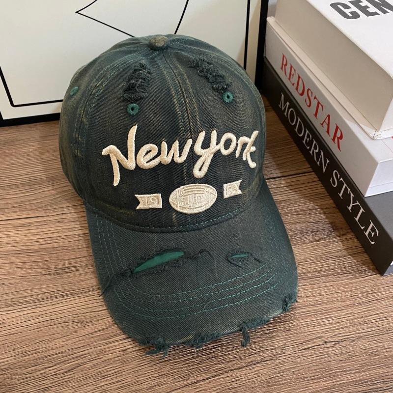 Retro New York Embroidery Dad Hat Distressed Ripped Frayed Washed Cotton Multi Tone Casual Street Baseball Cap for Women Men