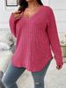 Women's V-neck Long-sleeved Ribbed Brushed T-shirt Loose Pullover Sweater
