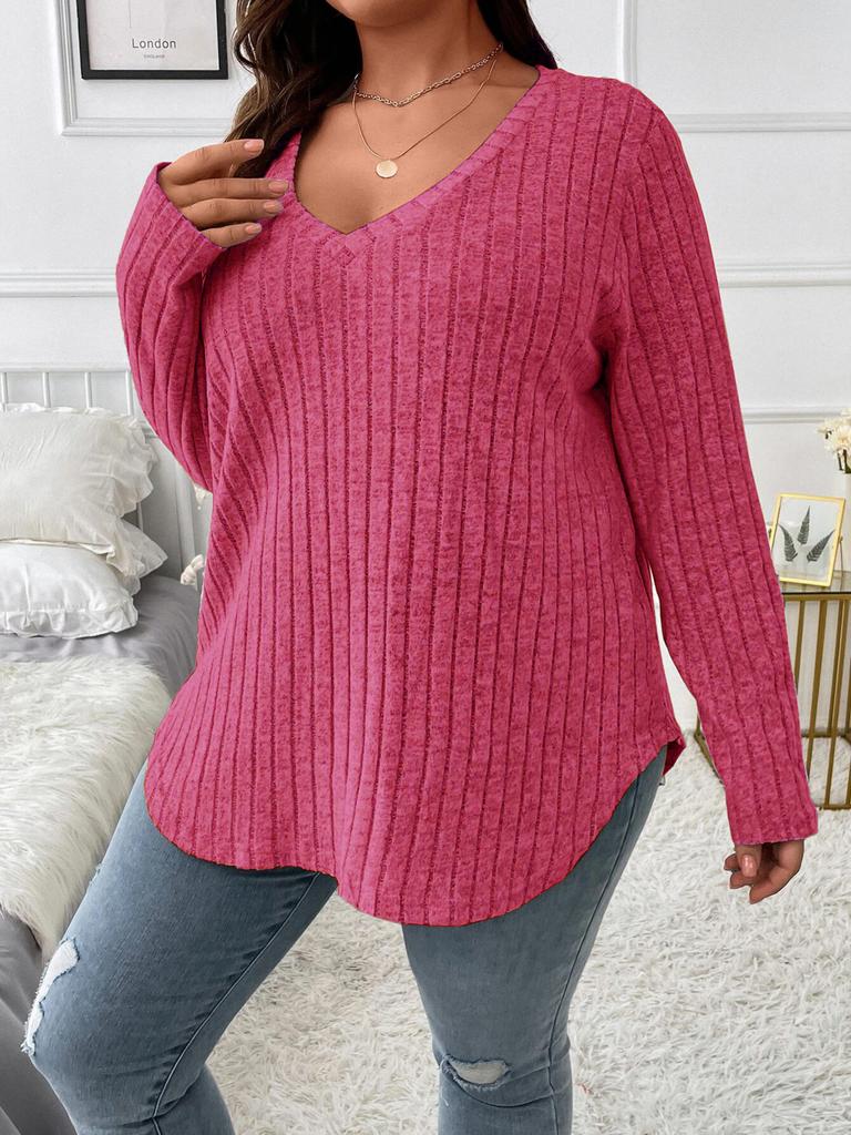 Women's V-neck Long-sleeved Ribbed Brushed T-shirt Loose Pullover Sweater