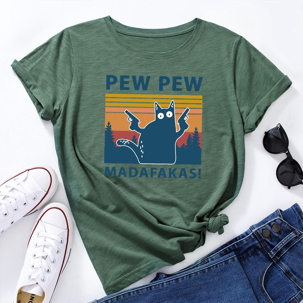 PEW Letters Cotton T-Shirt Short Sleeve Round Neck Women 2d Print Tops