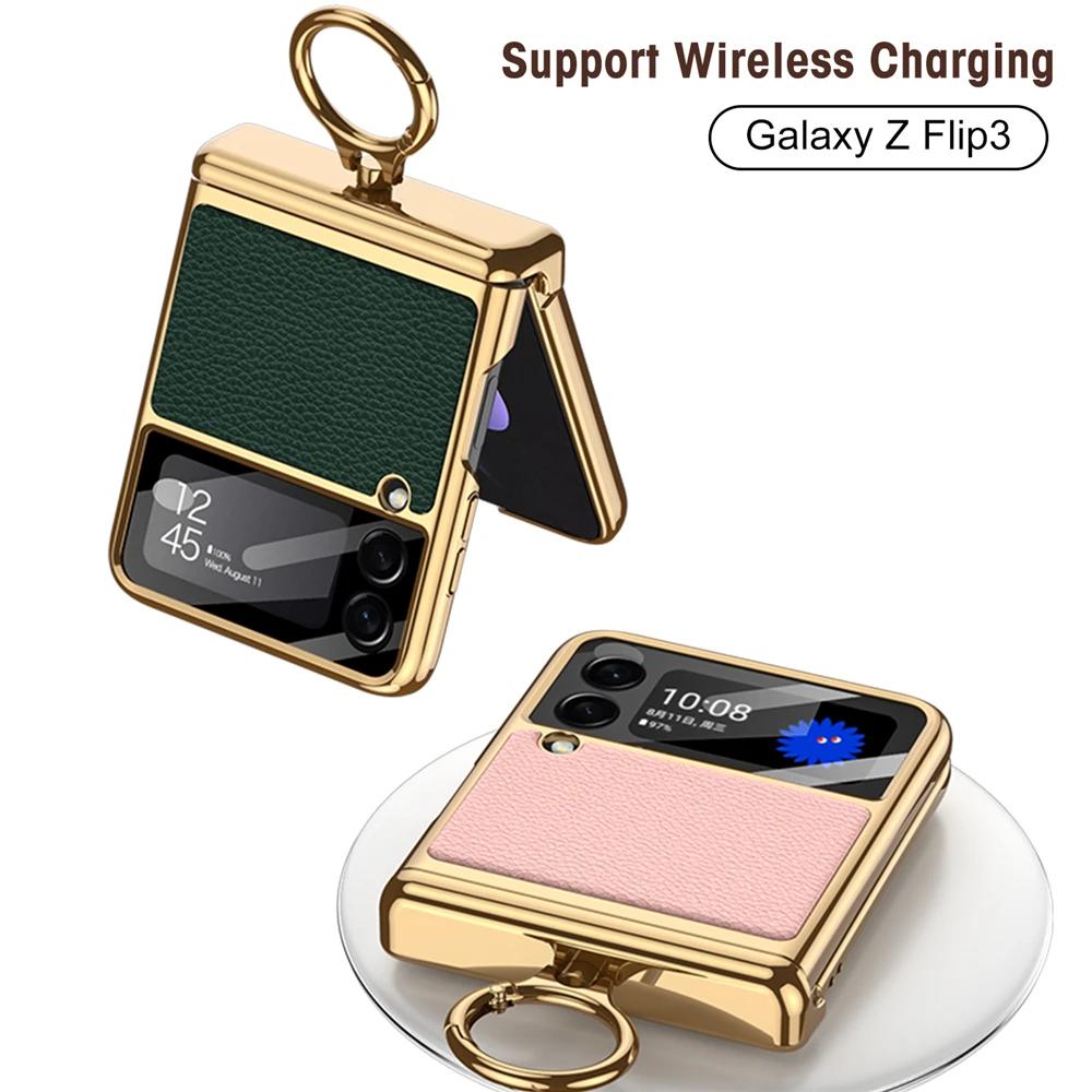 Pro Samsung Galaxy Z Flip 3 4 5 6 Pouzdro Ultratenká Ochrana Obrazovky Coque Fundas Luxusní Kůže s Kroužkem Pokovení Magnetický Kryt