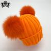 Custom Labels Double Pom Pom Baby Toddler Children Winter Beanie Knitted Hats With Fur Pompom