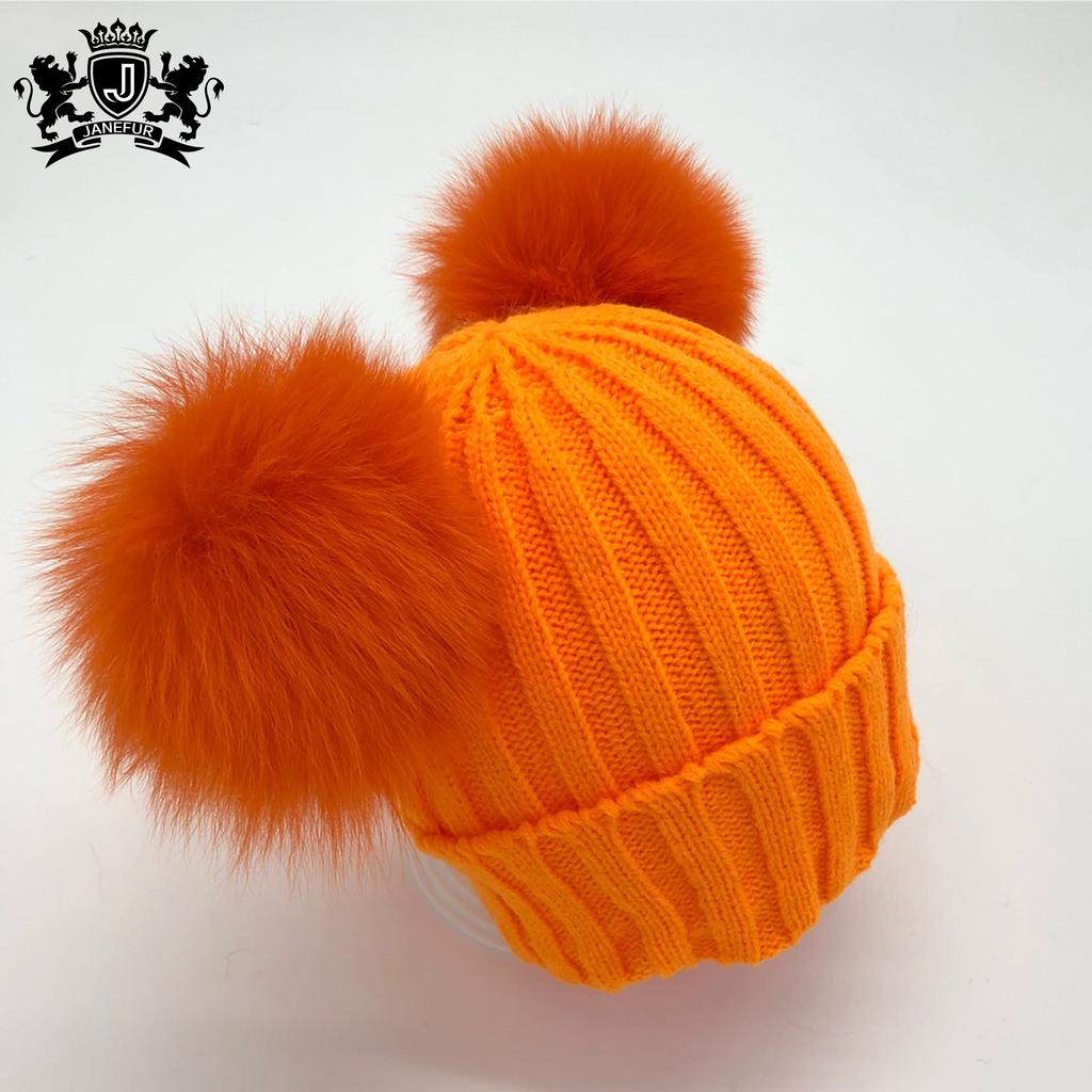 Custom Labels Double Pom Pom Baby Toddler Children Winter Beanie Knitted Hats With Fur Pompom