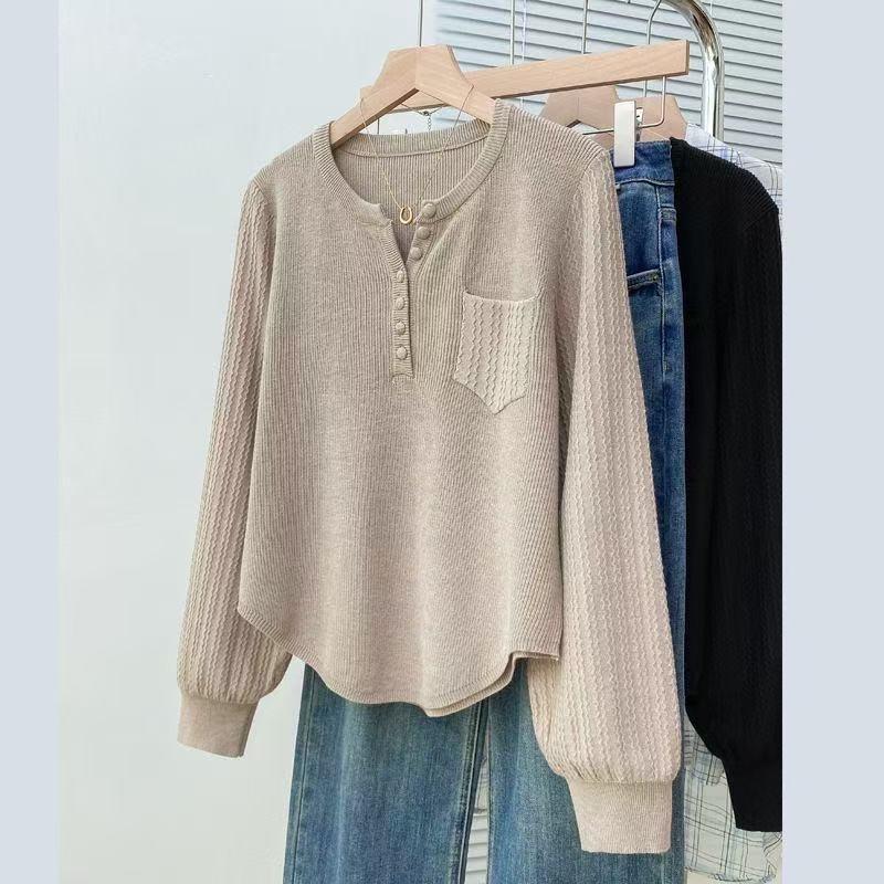 

Simple and casual slack solid color loose round neck long-sleeved knitted sweater women s autumn new versatile commuter top tide S/80-95 хакі