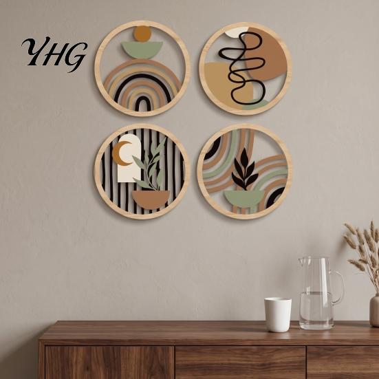 Placche Rotonde Decorative in Legno 4 Pezzi Arte da Parete Boho, Cartelli Appesi Piatto 2D, Geometria Moderna Materiale Naturale Ornamenti per la Casa Decorazione in Legno, Boemo per