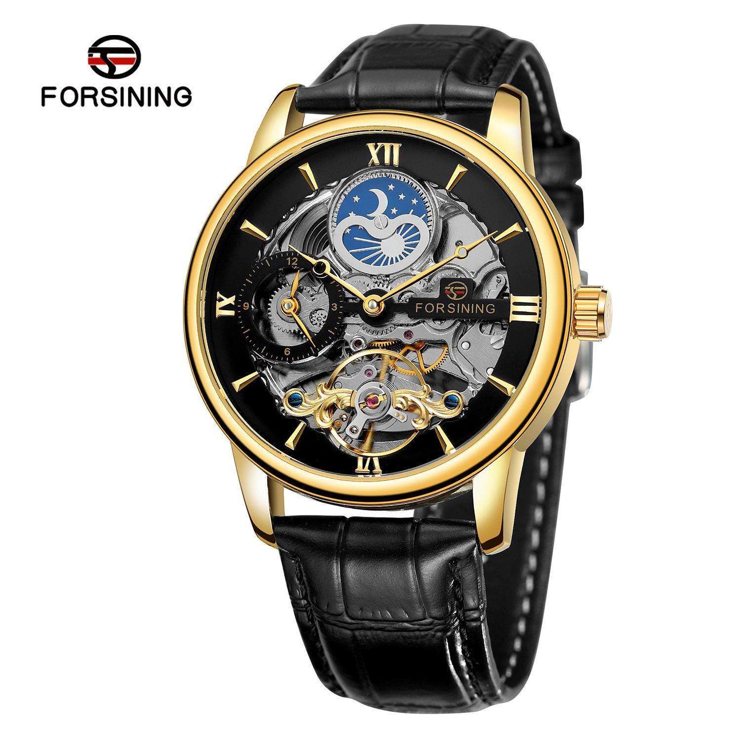 

FORSINING Dual Time Zone Skeleton Men Watches Waterproof Moon Phase Genuine Leather Band Tourbillon Automatic Mechanical Watch