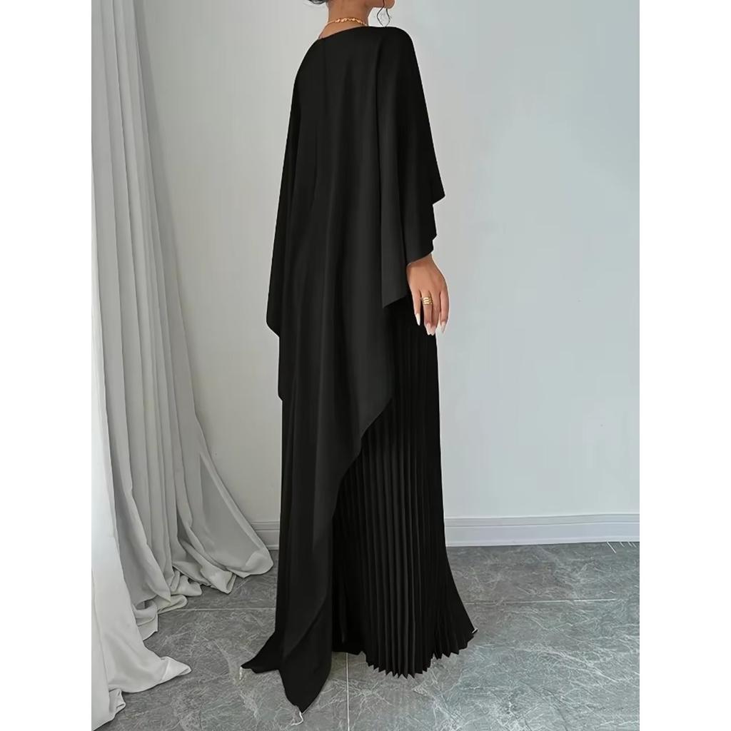 Spring Summer Elegant Crew Neck Pleated Dresses Women Casual Solid Loose Long Dress Cloak Sleeves Ruffle Maxi Dress Vestidos