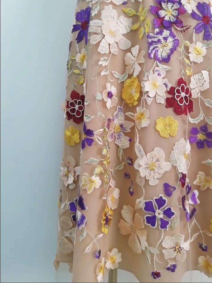 Colorful Flower Embroidery V-Neck Short-Sleeve Dress by Vietnamese Designer