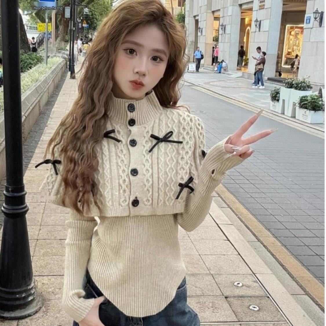 

Intellectual Korean Casual Knitwear Shawl & Sweater Set for Spring and Autumn S (80-95 jin) червоний
