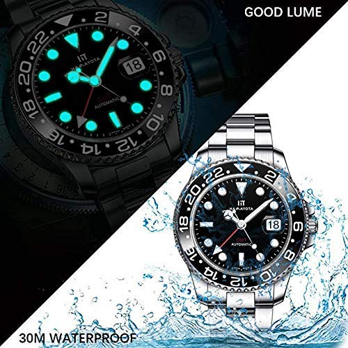 HAMAYOTA Men's Automatic Diving Watch with GMT Function and Multicolored Ceramic Rotating Bezel