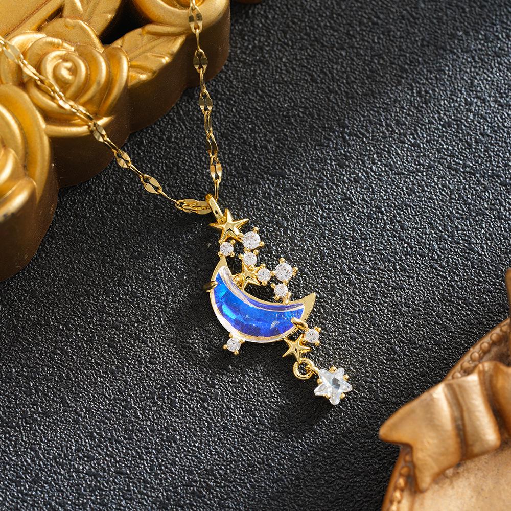 

Moon Star River Tassel Necklace: Iridescent Crystal Clavicle Chain with Niche Design for Women and Students