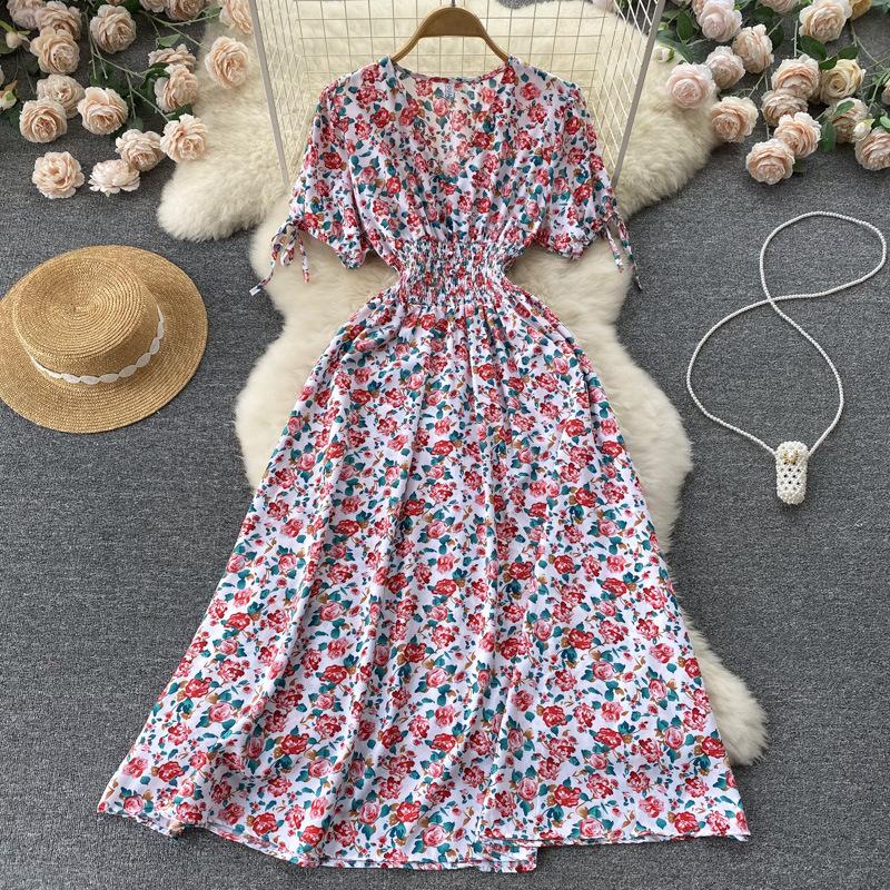 Women Summer Spring Short Sleeve Flower Print V-neck Casual A-Line Ankle-Length High Waist Dress