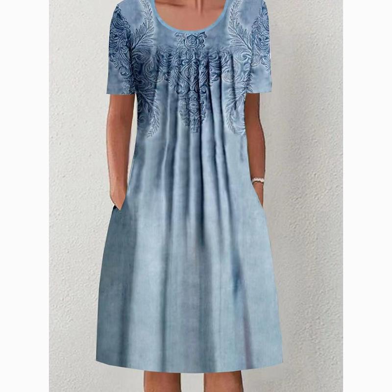 Spring Summer Floral Print Plus Size Casual Dress for Women Elegant A Line Loose Long Dress Female Pocket Round Neck Dresses 24063