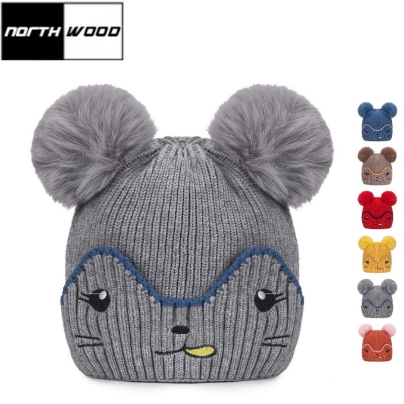 NORTHWOOD Children's Cute Cartoon Fur Ball Knitted Hat Winter Cold-proof Warm Baby Kids Woolen Hat for Boys Girls Beanies Hat
