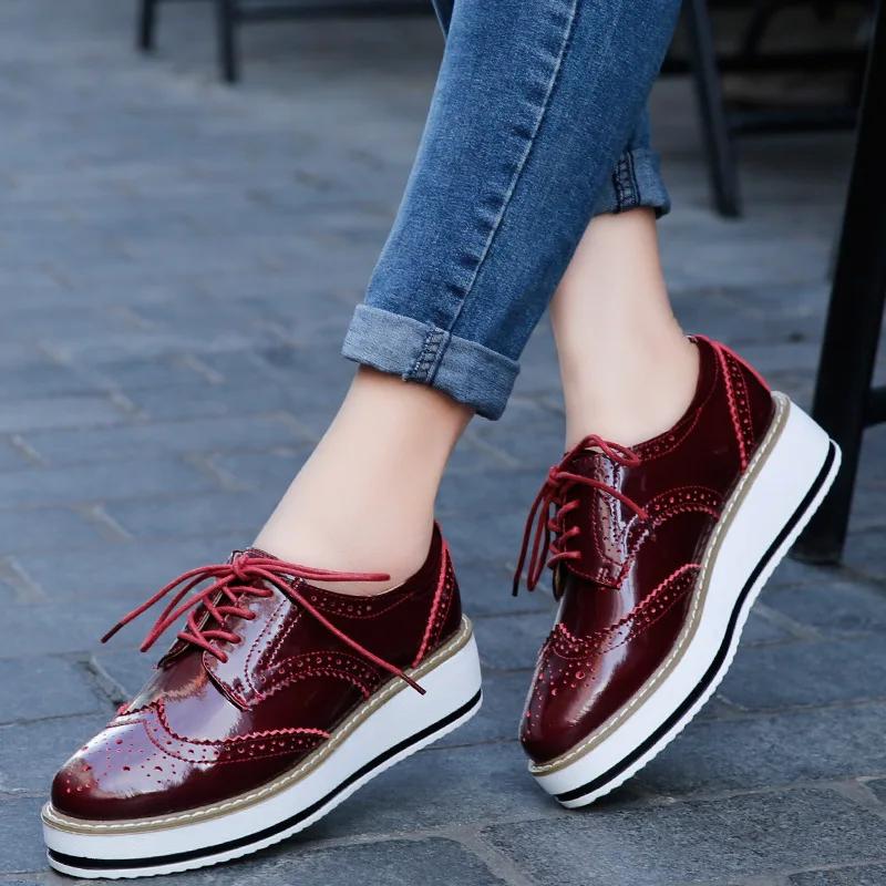 Fashion Women Platform Flats Leather Lace Up Classic Bullock Footwear Female 2025 Spring Autumn Oxford Shoes Plus Size 43 Zapatos Mujer