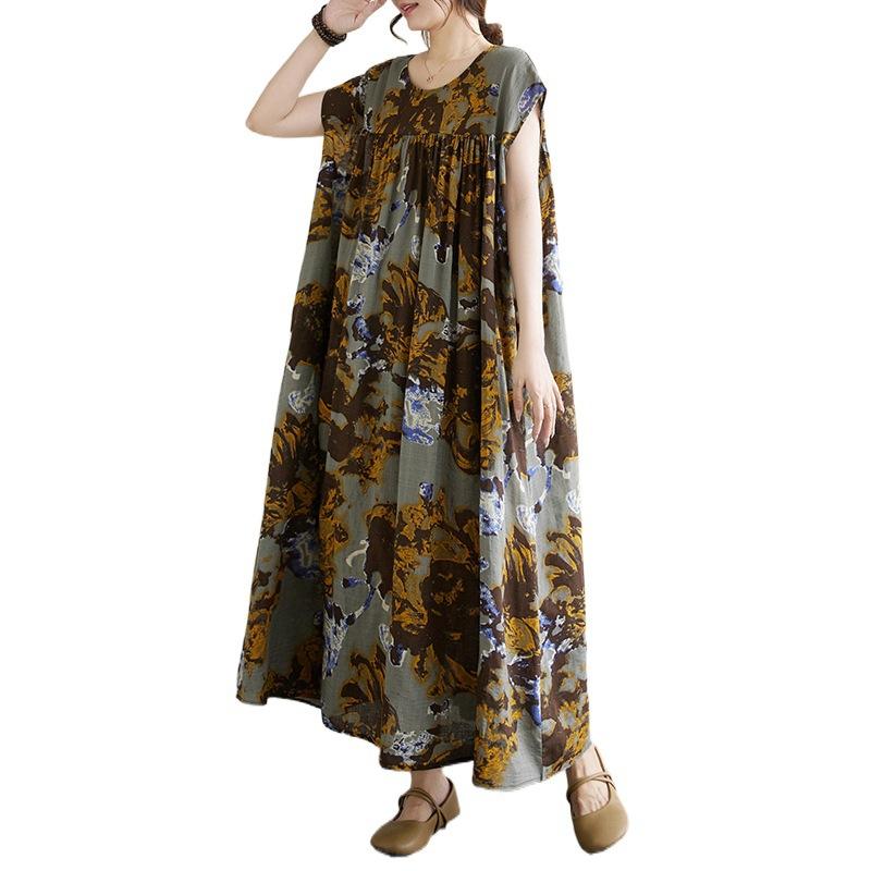 Summer Cotton Hemp Printed Artistic Loose Large Medium Long Dress for Women Casual Dresses