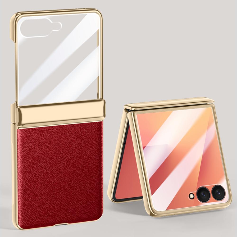 För Samsung Galaxy Z Flip7 5G Skal Gångjärnsskydd Läder+PC Elektropläterat Telefonskal med HD Bakre Liten Skärmskydd