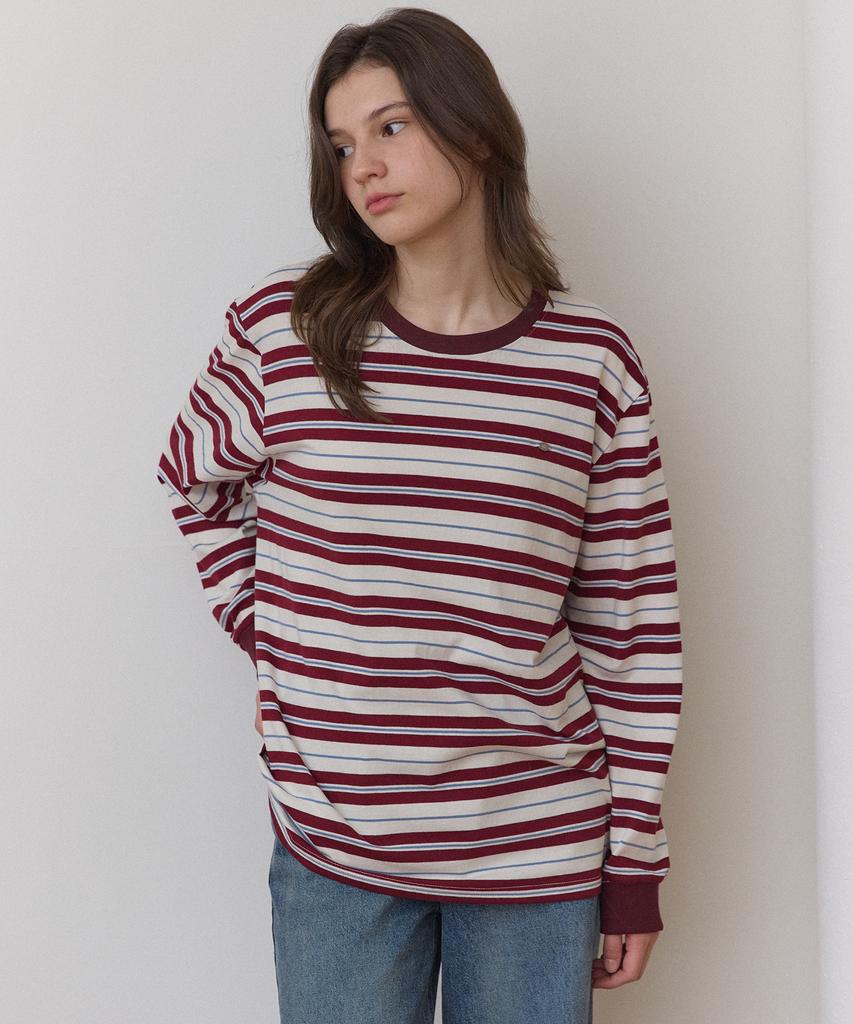 OURHOPE Oversized Logo Striped Sleeve T-Shirt - Burgundy