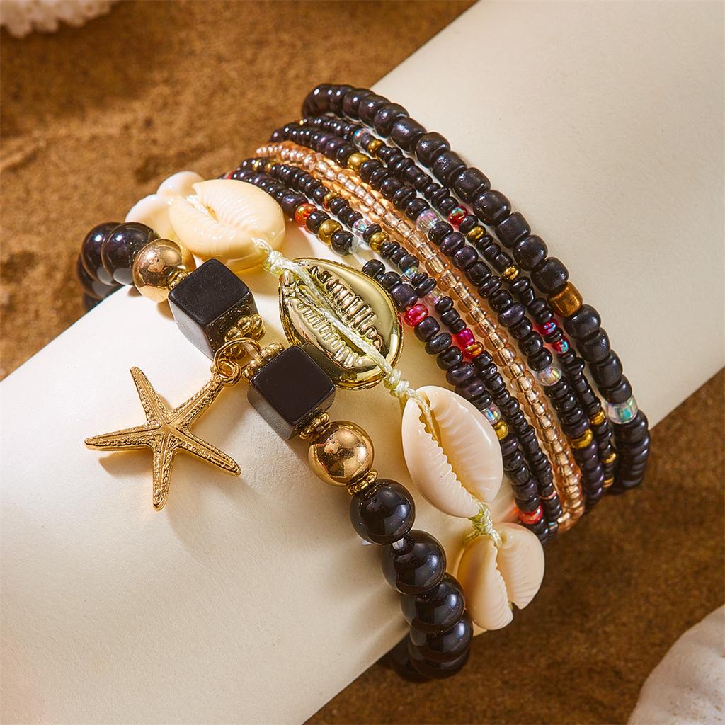 Bohemian Multilayer Shell Starfish Bracelets for Women Summer Beach Elastic Beaded Anklet Bracelet Set Vacation Jewelry Gift