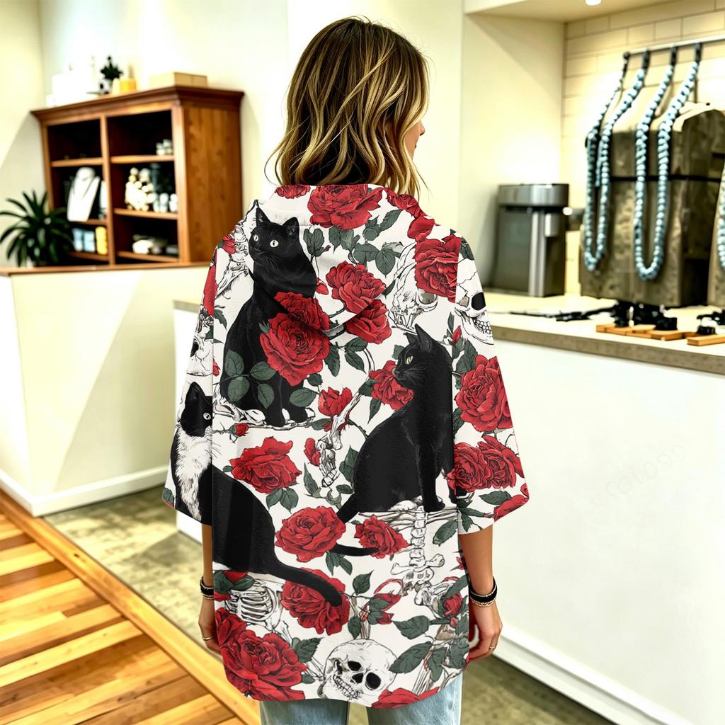 Women's Halloween Printed Hoodie 3/4 Sleeve Pullover Casual Tunic for Party