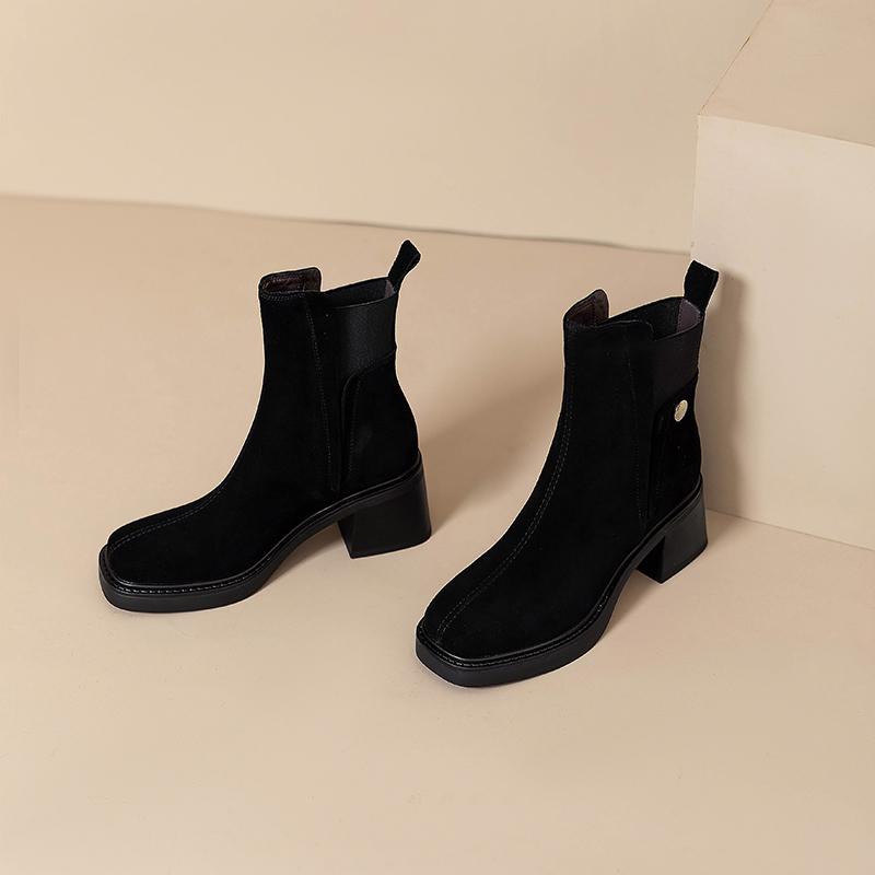 

Замшевые женские ботильоны на массивном каблуке Модная обувь на высоком каблуке Новые трендовые туфли-лодочки 2025 Зимние готические повседневные уютные ботильоны челси на каблуке Короткие ботинки 35 чёрный