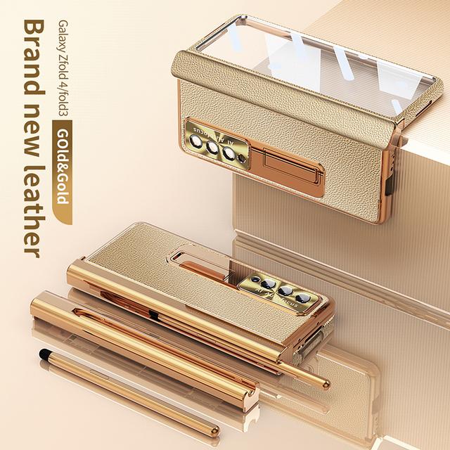 

Кожаные чехлы для телефонов Ebesfous для Samsung Galaxy Z Fold 4 Z Fold 3 5g, скрытый кронштейн, 2 шарнира, покрытие со стеклянным чехлом S Pen for Galaxy Z Fold 3