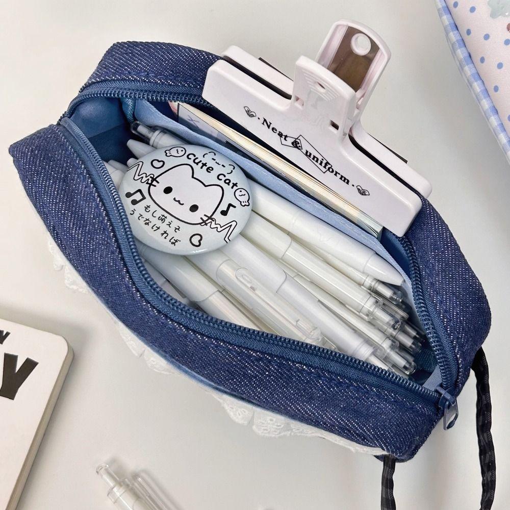 Lace Plaid Print Pen Bag With Handle Stationery Bag New Stationery Organizer Gift