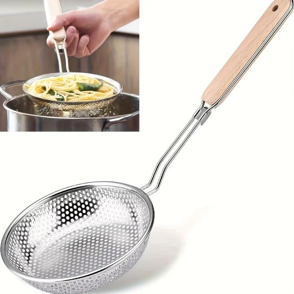 New Thickened Stainless Steel Strainer Fine Mesh Wooden Handle Skimmer Spoon Long Handle Kitchen Strainer Household Use