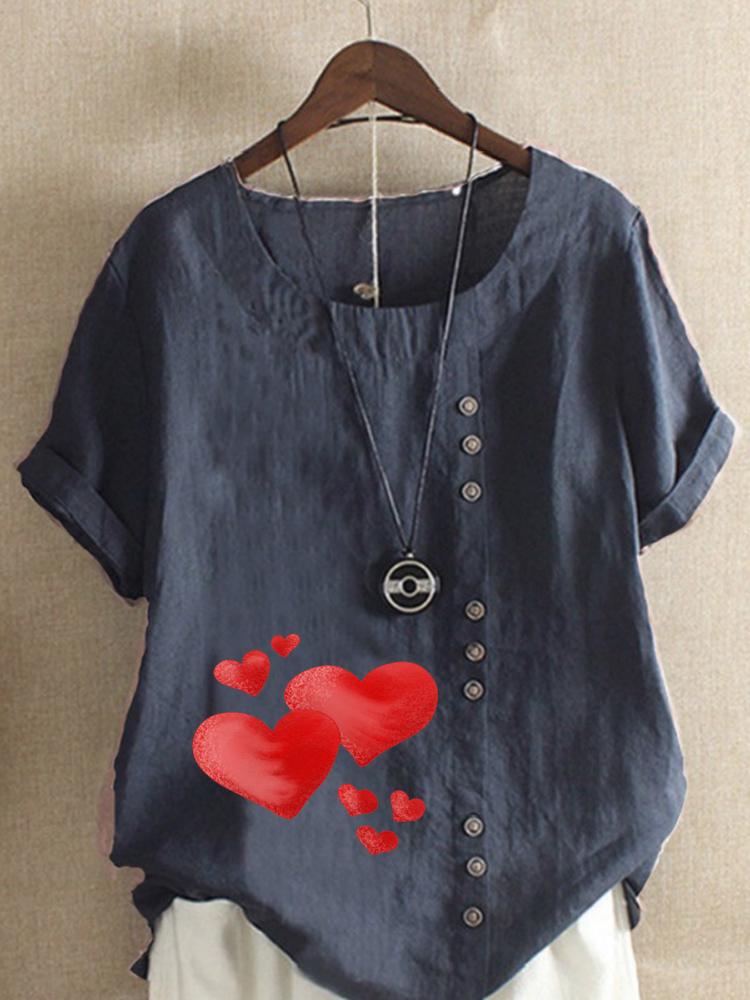 Women's Fashion Red Heart Print Round Neck Short Sleeve T-shirt Summer Casual Cotton Linen Graphic Shirt Leisure Loose Blouse Tops