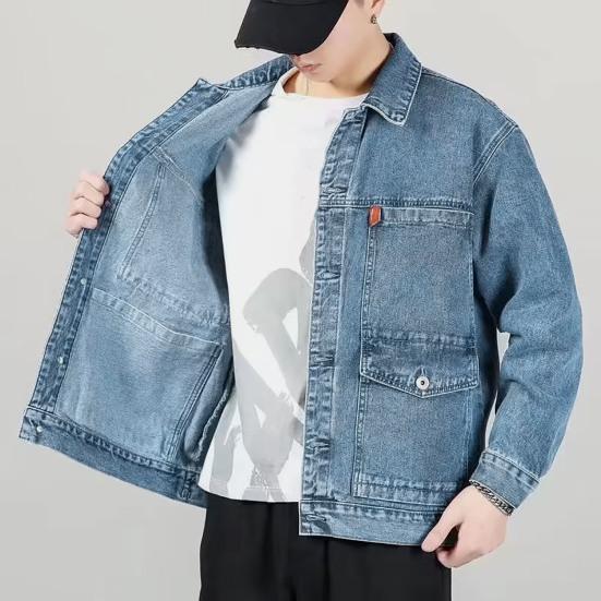 Men Autumn Jacket Pocket Long Sleeves Solid Color Loose Single-breasted Warm Cardigan Plus Size Mid Length Men Denim Coat for Daily Wear