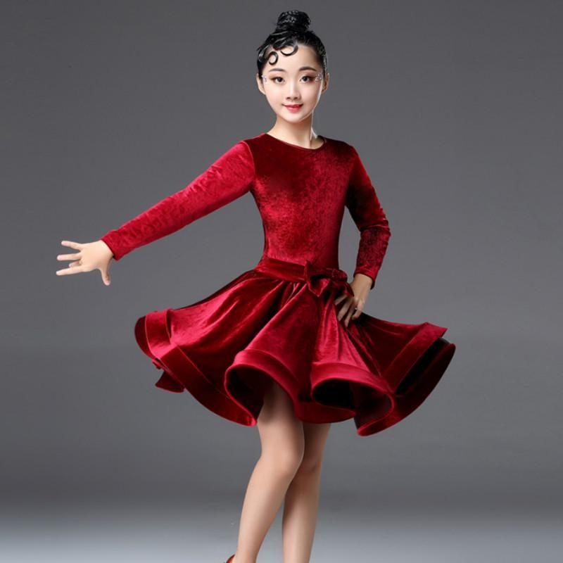 Latin Dance Dress Latin Dress Costume Kids Ballroom Costume for Girls Pleated Skirt Professional Long Sleeves Salsa Rumba Cha Ch